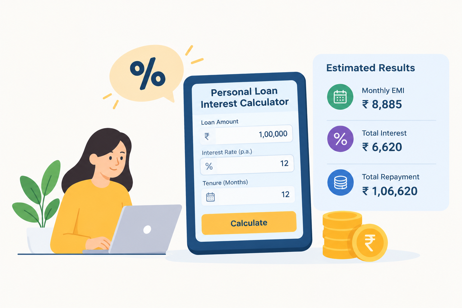 Personal loan interest calculator showing loan amount, 12% annual interest rate, 12-month tenure, estimated monthly EMI, total interest, and total repayment in Indian rupees.